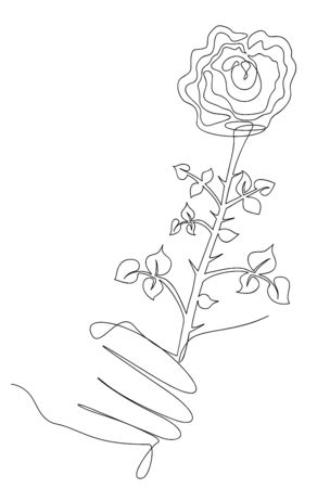 One line drawing of a vector flower, black and white sketch of a rose holds in hand isolated on a white background. One line plant hand drawn illustrationのイラスト素材