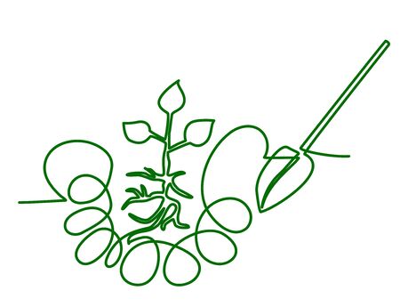 The sprout is planted in a dug ground. A small plant is transplanted in the garden to the garden. Agriculture season. Vector image of one continuous solid line isolated on white backgroundのイラスト素材
