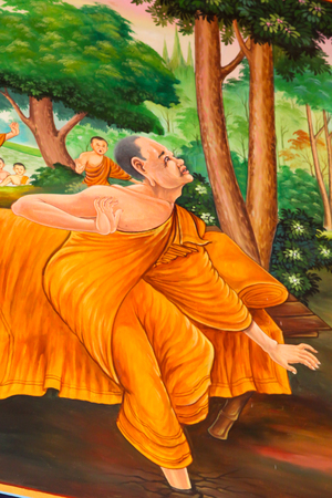 masterpiece of traditional Thai style painting art old about Buddha story on temple wallのeditorial素材