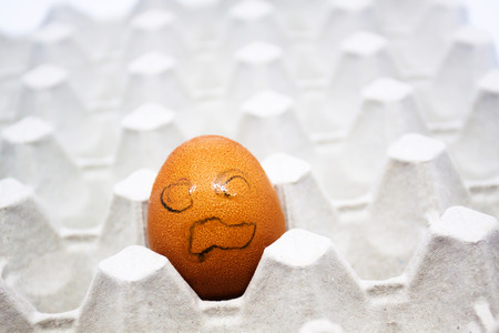 A raw egg in the shell in a paper tray(egg carton)