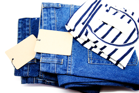 New stripes mens shirt. T-shirt and blue jeans backgroundの写真素材