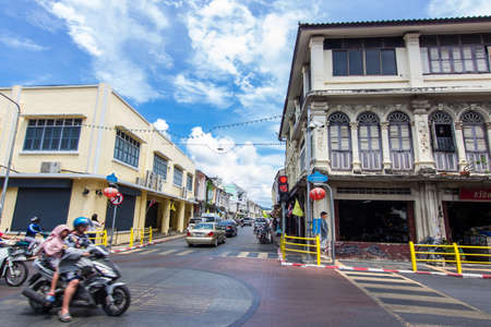 Street Art,Phuket,Thailand-03 May,2019 :  Walking Street in Phuket Town people Old building road and...