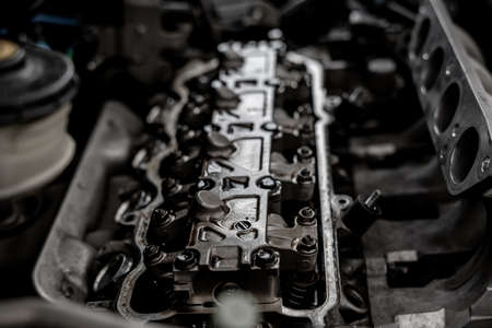 Close up valve system of car engine maintenance and service concept of in side engine