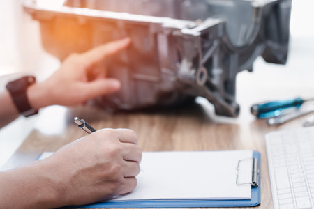 Technician writing on the white paper clip board file and check damaged point of the old oil pan parts check and repair damaged engines and service conceptの写真素材