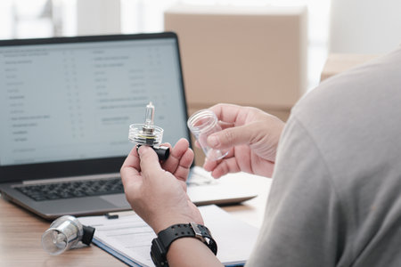 Close up hand a man hold car headlight bulb halogen and bulb case, check detail of part for car service concept and use laptop and checklist in service office store in car serviceの写真素材