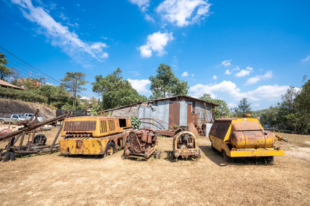 Kanchanaburi Thailand-Jan 16,2022 : Pilok Old mines and old machines laid out on the ground after the mine was closed for tourists,Landmark of Tourist in Thong Pha Phum District Kaの写真素材