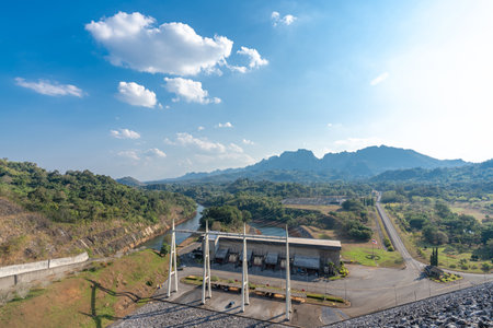 Kanchanaburi Thailand-Jan 16,2022 : Power generation dam,Wachiralongkorn Dam  The view on the dam ridge and beautiful mountains,landmark of Tourist in Thong Pha Phum District Kanchanaburi Thailandの写真素材