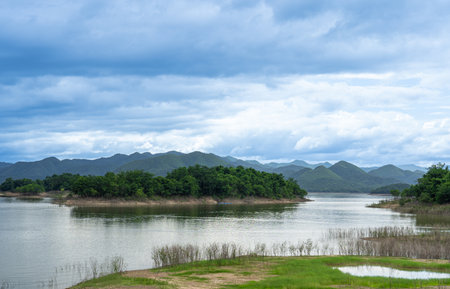 Reservoir and mountain view with a cloudy sky natural attractions for tourists Camping and vacation Kaeng Krachan Dam Phetchaburi Provinceの写真素材