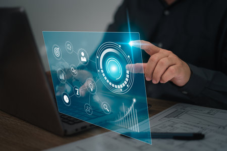 Digital transformation technology strategy , Business man touch on digital icon information from online technology by laptop,engineering work in office, Ai technology on icon virtuの写真素材