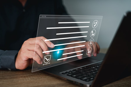 Car business service and technology on digital screen, businessman checks the register of the online find a car system with laptop Real-time vehicle tracking technology, security sの写真素材