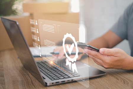 Customer rating to service experience and Warranty for parcel delivery online application ,A man checking the satisfaction of the customers with the parcel delivery service in smarの写真素材