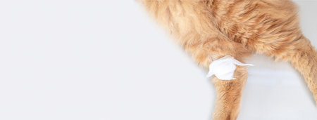 Close up cat leg with a bandage that is a wound from blood draws on the smoke gray tiled floor in the house : Copy space and texture imageの写真素材