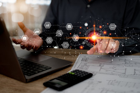 Digital transformation technology strategy, Businessman idea with engineering working online technology in office and calculator and document on wood table, Ai technology on icon vの写真素材