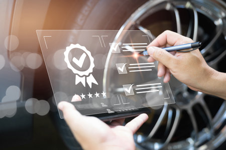Customer Satisfaction Guarantee concept on virtual screens, Employees check the conditions of quality assurance of car service  with digital document on smartphone modern work car serviceの写真素材
