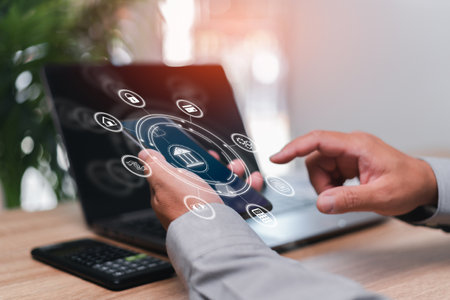 Online banking and technology with icon on virtual screens concept, Businessman use smartphone paying online by internet Financial transactions, credit cards, taxes and shopping with a security systemの写真素材