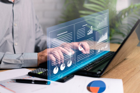 Management Business, technology, internet and networking concept. Successful businessmen use laptops for smart digital marketing and data management, Business strategy concept, automate operationsの写真素材