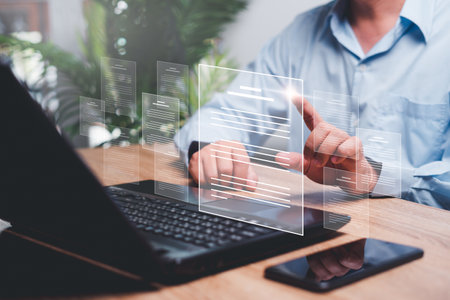 The company's online document management concept , Businessman point on document on virtual screen, Online documentation database and document management system in cloud computing and cybersecurityの写真素材
