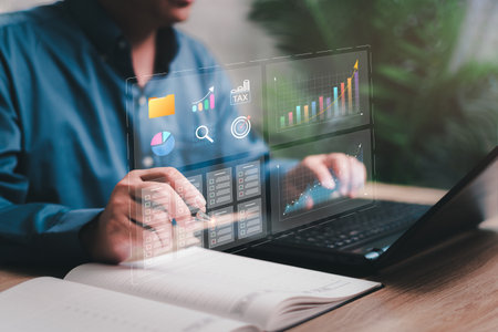 Document management and digital marketing concept, Businessman mark on smart checklist compare data analyze the profitability of work companies with digital augmented reality graphics to developmentの写真素材