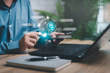 Smart Chat with AI or Artificial Intelligence concept, Businessman use smartphone chatting with ai modern intelligent information search system smart AI chatbot Artificial Intelligenceの写真素材