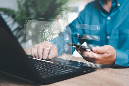 Chat with AI or Artificial Intelligence concept, Businessman chatting on a smartphone with a smart AI chatbot Artificial Intelligence, generate. Futuristic technologyの写真素材