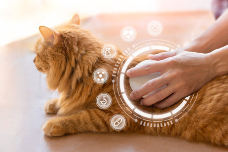 Basic pet health care and hygiene concept, Ginger cat sitting on home floor and women clean and brush the cat's hair. to remove degenerative hair general physical examination for good healthの写真素材