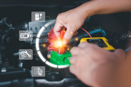 Car Battery Quality Inspection and checking the warranty conditions concept , Service center staff checking the voltage and battery quality to analyze the problem in basic car maintenance processの写真素材