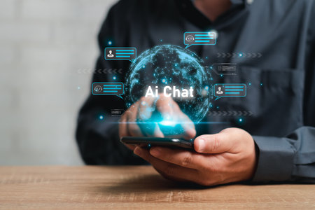 Chatbot Chat with AI Artificial Intelligence concept,Businessman use smartphone chatting with Ai,Technology created in the future world and popular communication around the worldの写真素材
