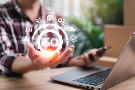 ISO Quality Standards Certified Management Organizations concept,Parcel delivery officer Investigating the Quality Assurance of Parcel Delivery Services Customer Satisfaction Guarantee quality controlの写真素材