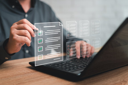 Electronic smart checklist and document management on virtual screens concept, business people check electronic documents on digital documents, paperless on borderless communication technologyの写真素材