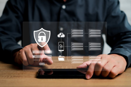 Data management and password security concept on virtual screens, Businessman use smartphones to manage personal information document data secure internet access Future technology and cyberneticsの写真素材