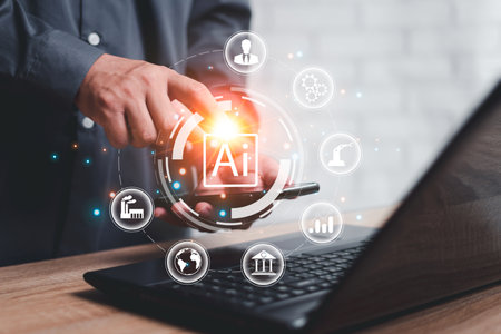 AI or Artificial intelligence business concept,Businessman use smartphone with technology business icon and industry digital marketing,The reach of artificial intelligence to help humans developmentの写真素材