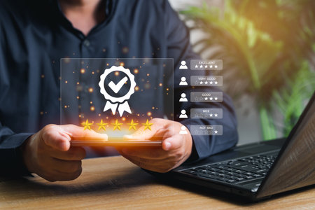 User give rating to service experience on online application , Businessman use smartphone review satisfaction feedback, Customer evaluate quality of service leading to reputation ranking of busineesの写真素材
