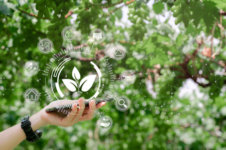 Hands of farmers holding smartphone, Agriculture technology concept, Farmers analyze yields with...