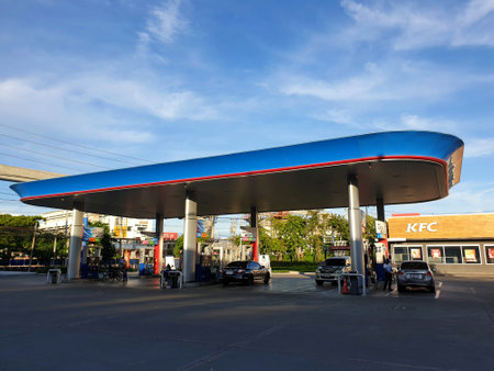 Bangkok, Thailand - July 17, 2021 : Fuel pumps at a petrol gas station are available throughout the country service for vehicle and drive the industry the country's transportation sectorのeditorial素材