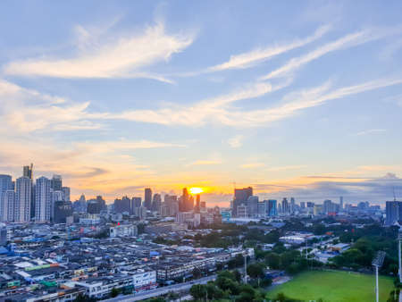 Bangkok, Thailand -  August 17, 2021 : Cityscape and building of city in morning time (sunrise or...