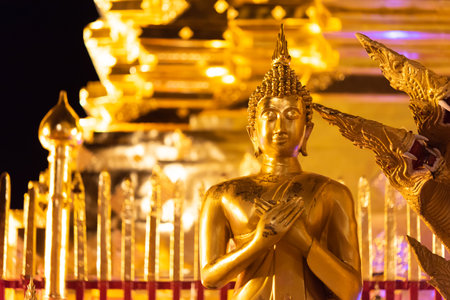 Chiang Mai, Thailand - January 8, 2022 : Wat Phra That Doi Suthep at night time is buddhist temple (wat) in Chiang Mai province. Within the site are pagodas, statues, bells, a museum, and shrines.のeditorial素材