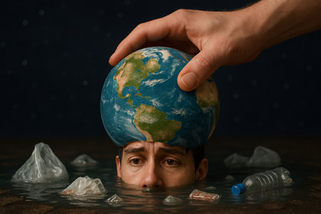 AI generated powerful environmental concept showing a hand pressing down on half-globe while a face drowns beneath in plastic-filled water. The dark starry night backgroundの素材