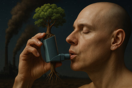 AI generated image of a human inhaling a full tree through a medical device symbolizing the desperate need for nature in a polluted industrial world under a starry skyの素材