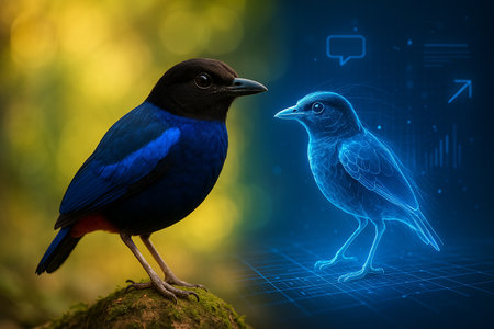 AI generated image of a Gurneyà¹â¬Âs pitta in dual contrast showing natural vibrancy on the left and futuristic holographic design on the right in blue neon light.の素材