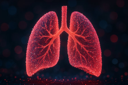 AI generated image of glowing anatomical human lungs formed from red pink and white energy particles floating in a dark bokeh background symbolizing life breath data and medical technologyの素材