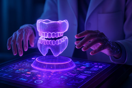 AI generated digital interaction showing a doctor controlling a glowing holographic dental model on a sci-fi medical interface in a futuristic labの素材