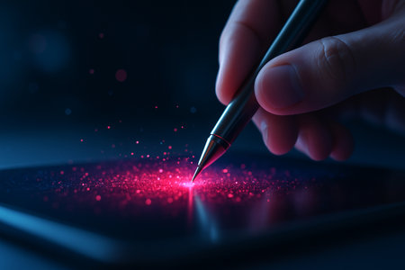 AI generated a hand holding a stylus writing on a glowing digital surface with radiant particles creating a precise and futuristic interface for data interactionの素材