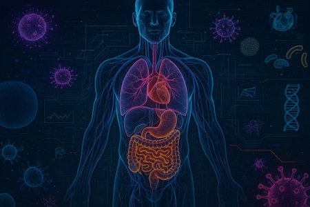 AI generated transparent male body showing glowing lungs heart digestive system and nervous network with futuristic microbiology graphics in neon color on dark tech backgroundの素材