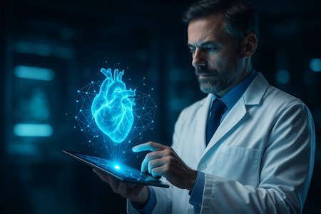 AI generated digital image of a doctor in white coat holding a tablet with a glowing holographic heart above it in a sci-fi medical environment with blue light and modern interfaceの素材
