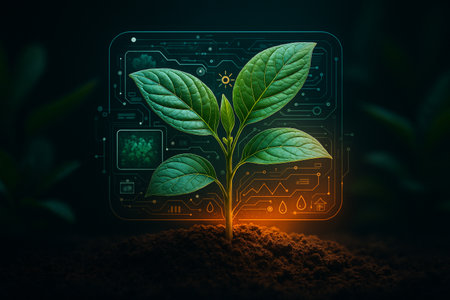 AI generated young green seedling growing from rich soil with glowing digital interface representing smart agriculture biotechnology innovation sustainable growth in a futuristic natural environmentの素材