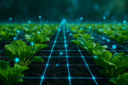 AI generated rows of green seedlings growing on fertile soil with glowing blue digital network lines symbolizing precision agriculture technology and sustainable smart farmingの素材