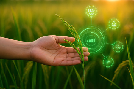 AI generated futuristic rice field with human hand gently touching green panicle showing harmony between nature and technology in smart agriculture conceptの素材