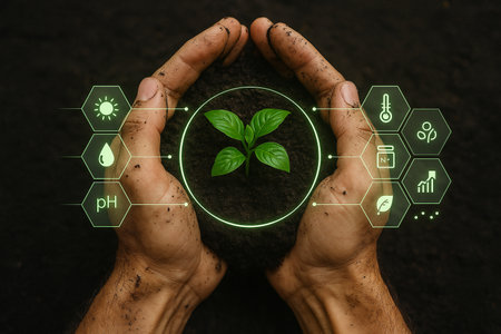 AI generated human hands holding young green seedling with digital overlay showing environmental data symbolizing balance between care technology nature and future of sustainable smart agricultureの素材