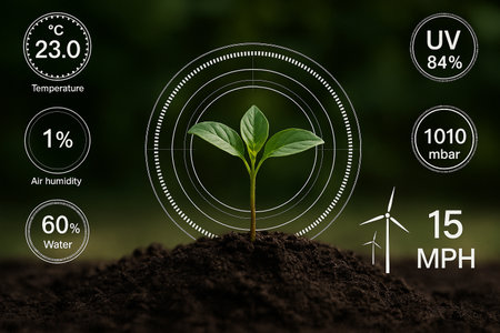 AI generated young green seedling sprouting from dark moist soil with futuristic digital overlay showing real time environmental data symbolizing growth sustainability and precision agricultureの素材