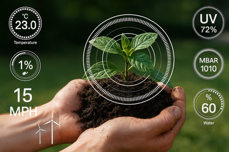 AI generated hands holding fresh green seedling with soil and futuristic digital overlay showing environmental data symbolizing growth sustainability and modern smart farming technologyの素材
